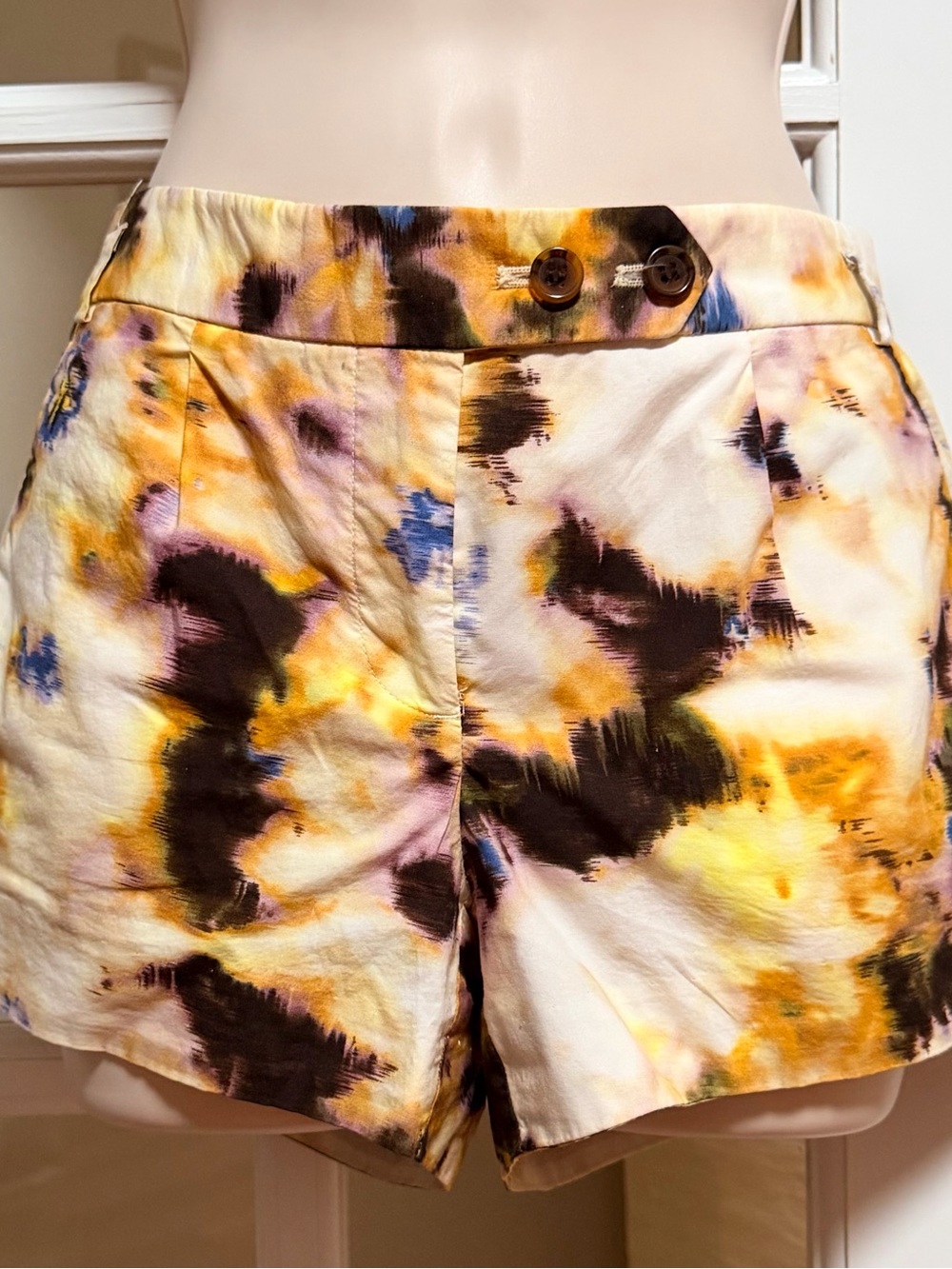 J. Crew Mid-Waist Tie-Dye Shorts in Yellow, Black & Blue